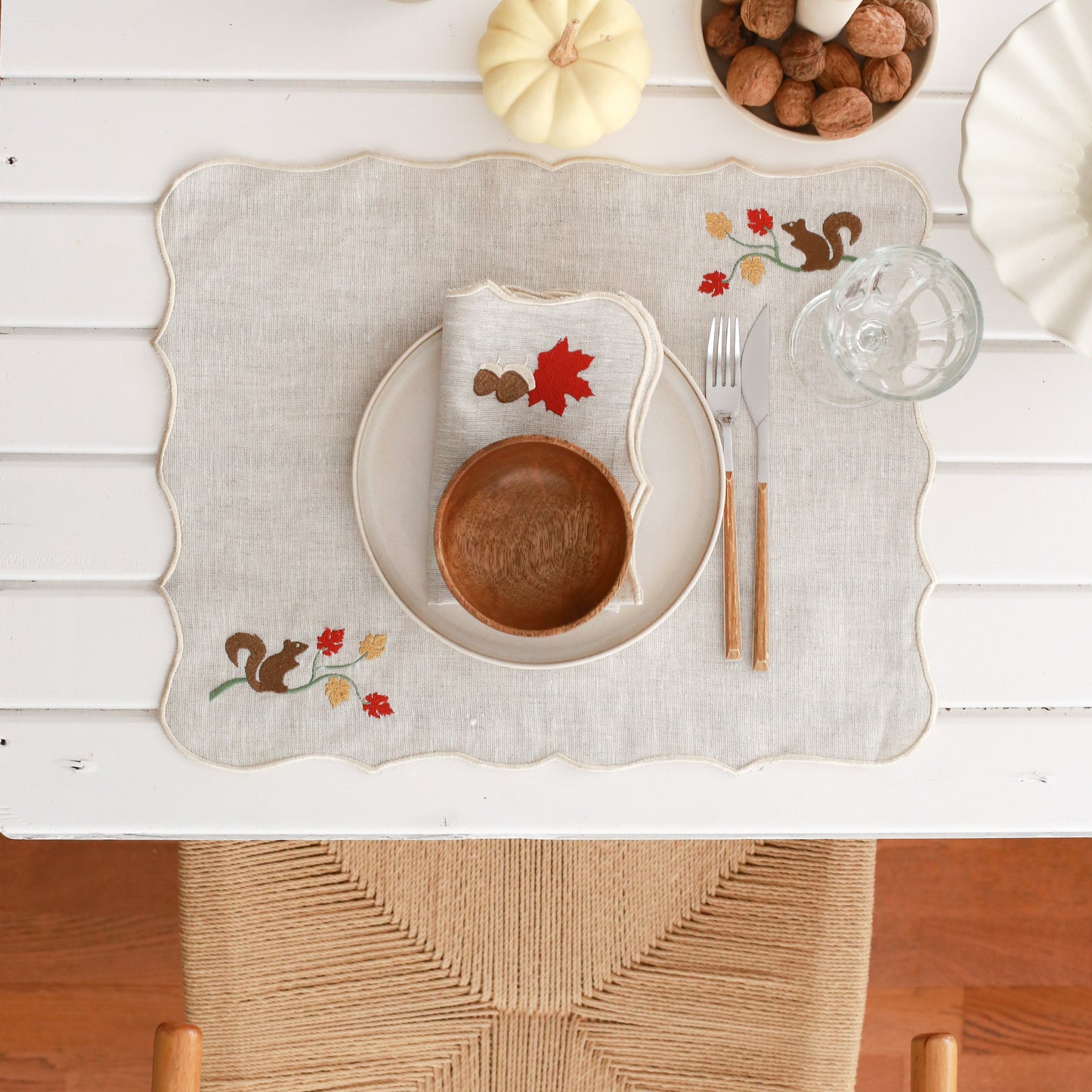 Set of 2 Squirrel Embroidery Linen Placemat