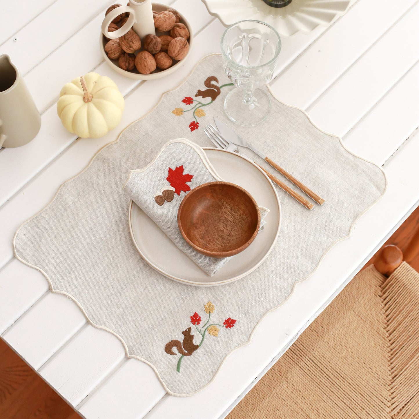 Set of 2 Squirrel Embroidery Linen Placemat