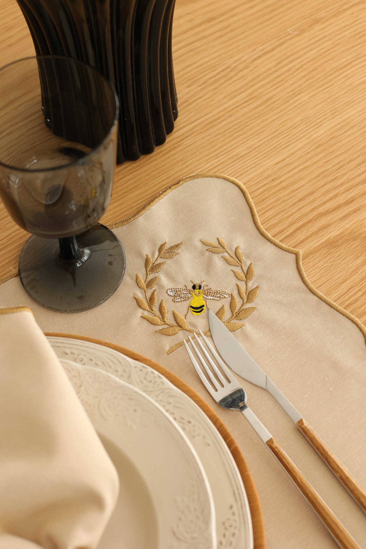 Bee Embroidery Cotton Placemats (Set of 2)
