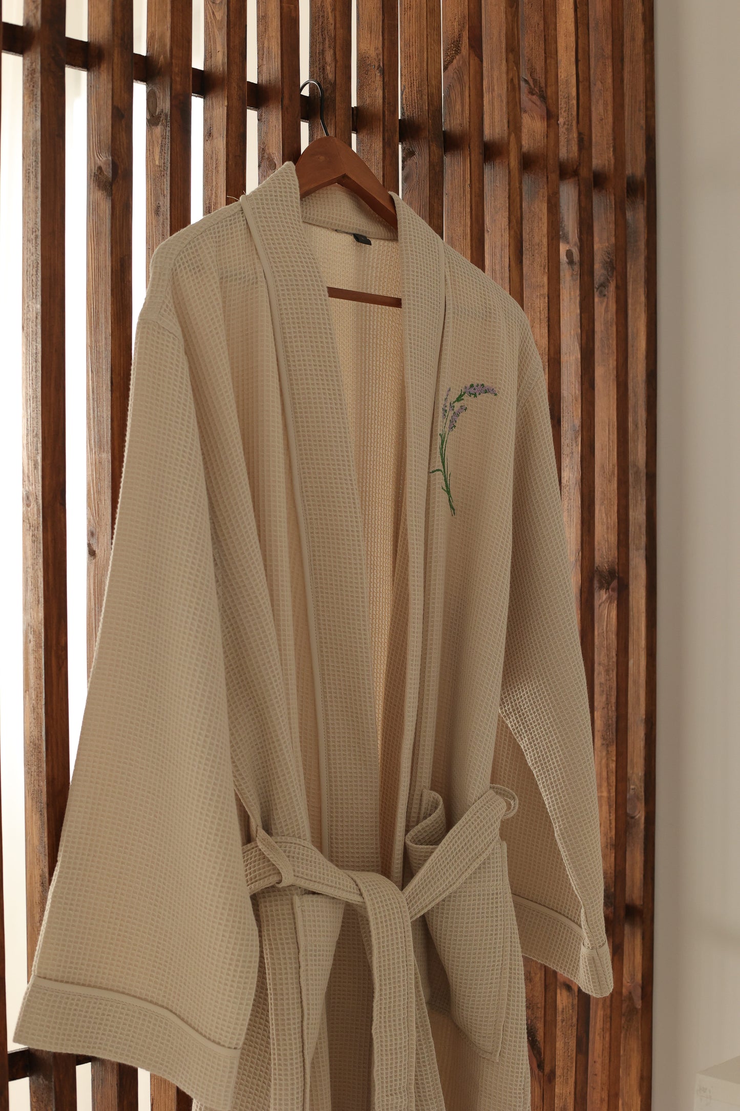 Lavender Embroidery Waffle Bathrobe