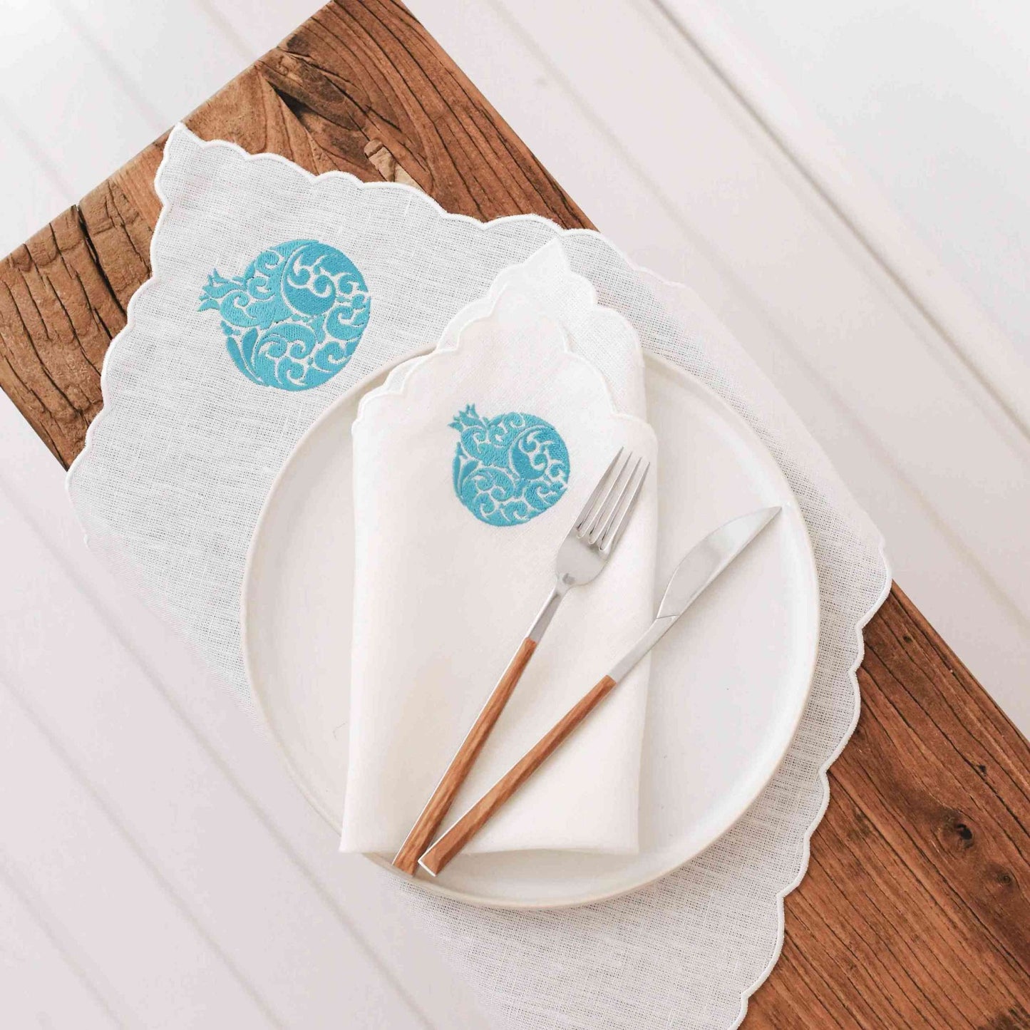Turquoise Pomegranate Embroidery Linen Napkins (Set of 2)