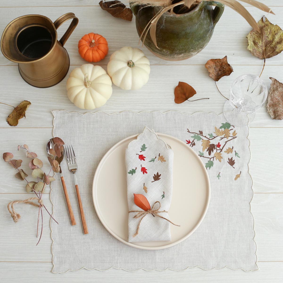 Spilled Leaves Embroidery Linen Placemat (Set of 2)