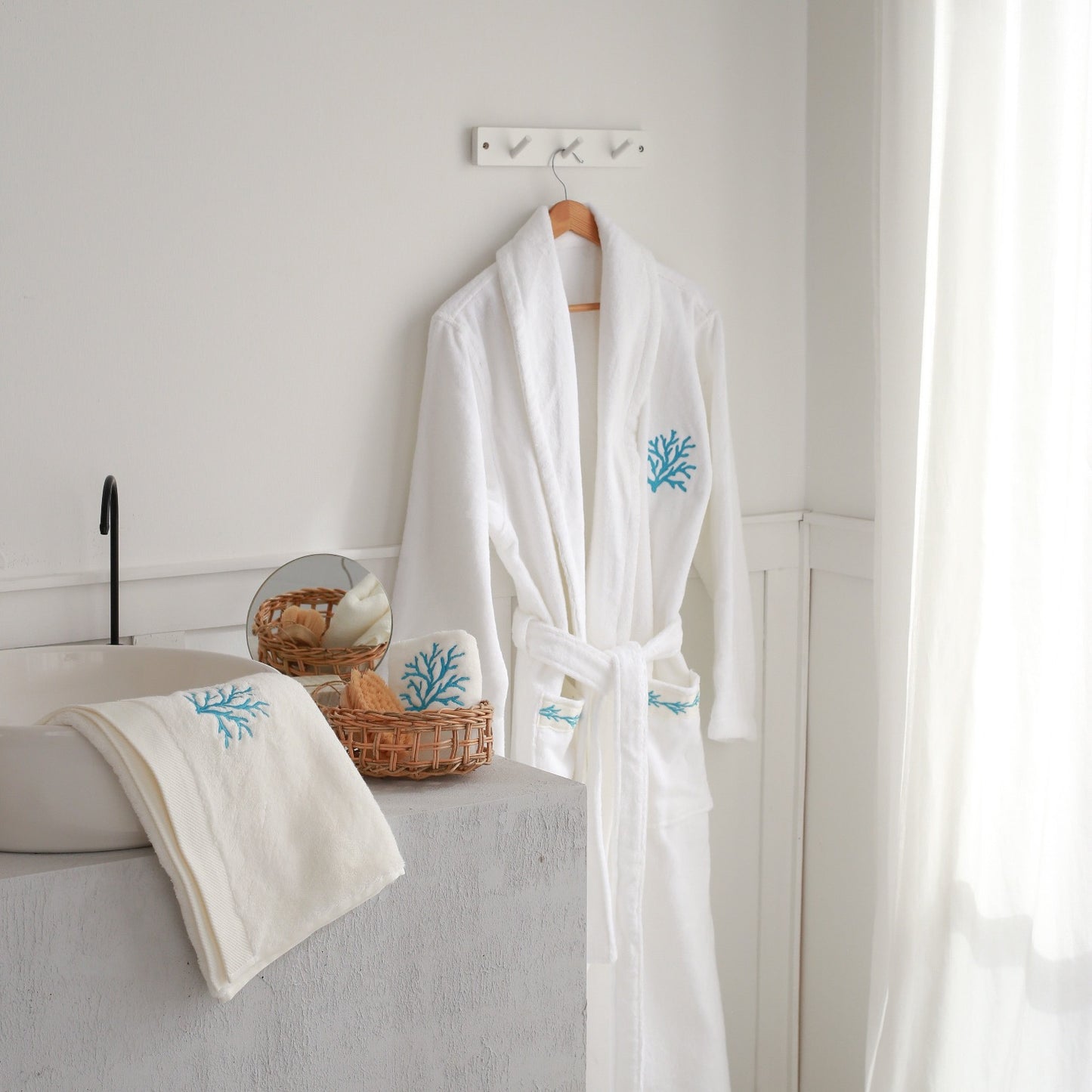 Turquoise Coral Embroidery Cotton Bathrobe