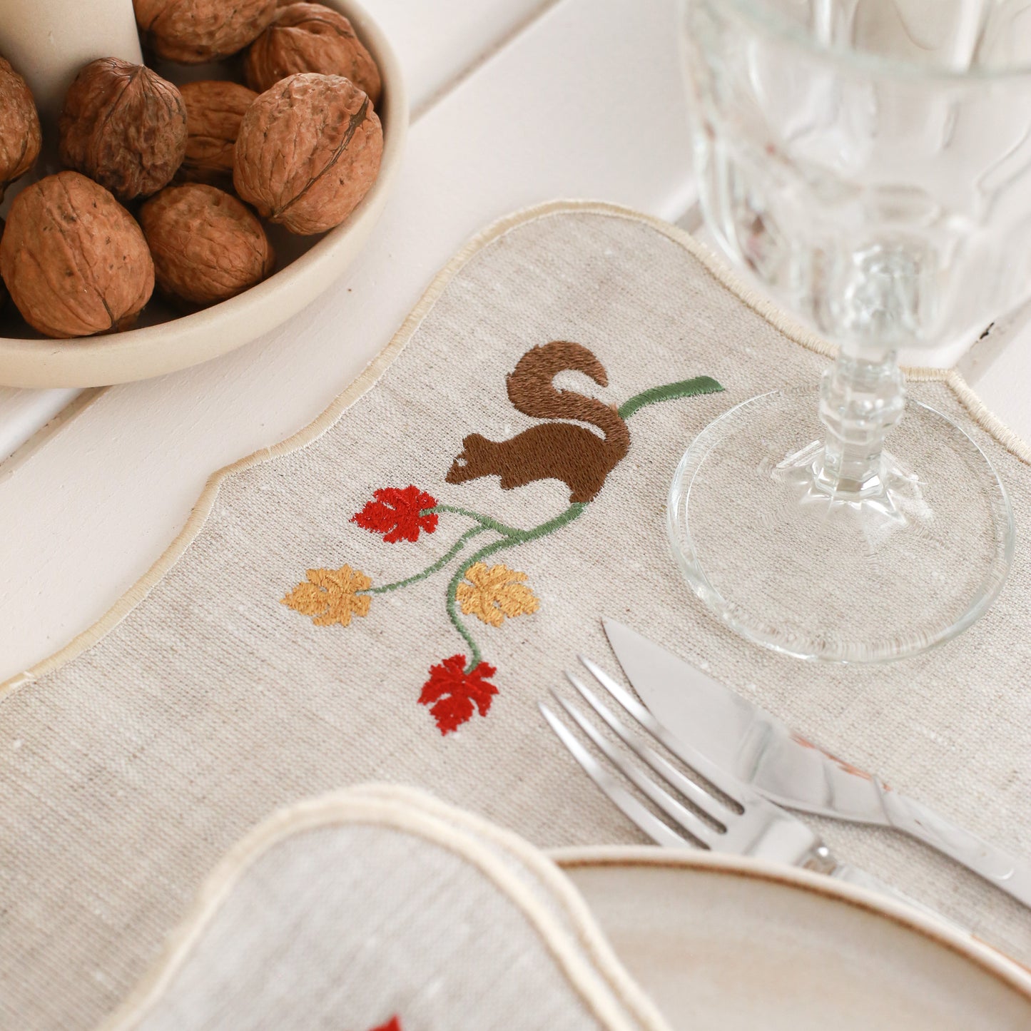 Set of 2  Squirrel Embroidery Linen Placemat