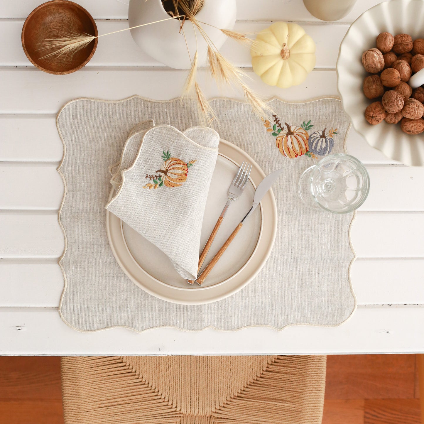 Set of 2 Pumpkin Embroidery Linen Placemat