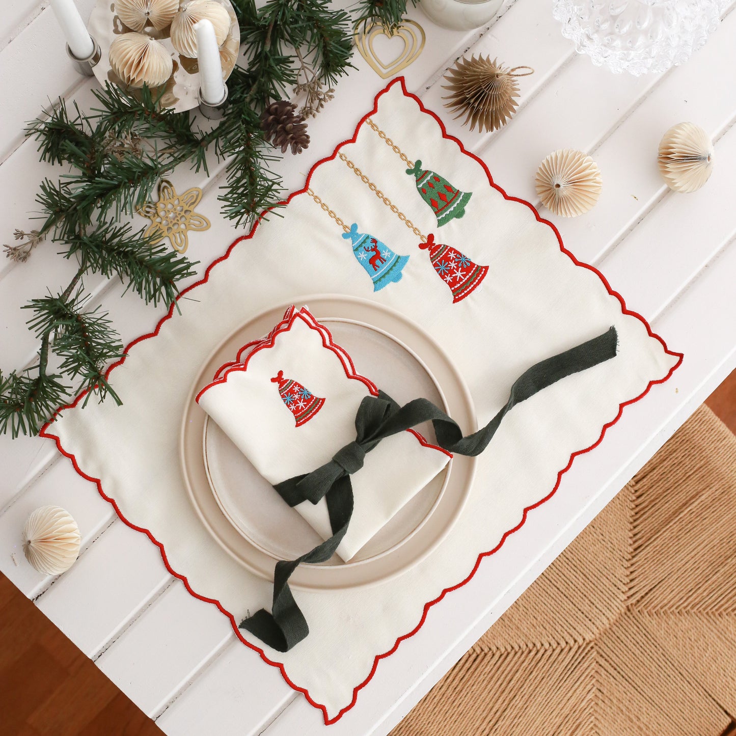 Set of 2 Christmas Bells Embroidery Cotton Placemat