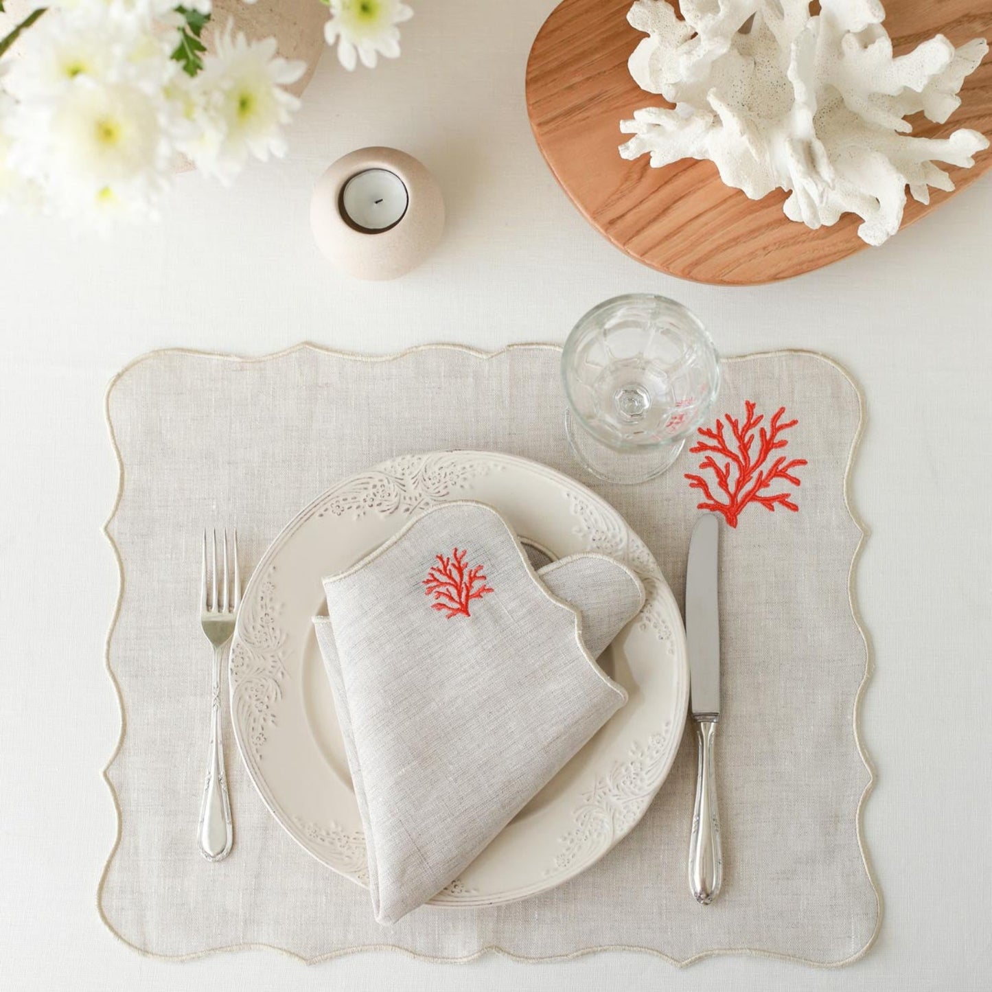 Coral Embroidery Linen Placemats (Set of 2)