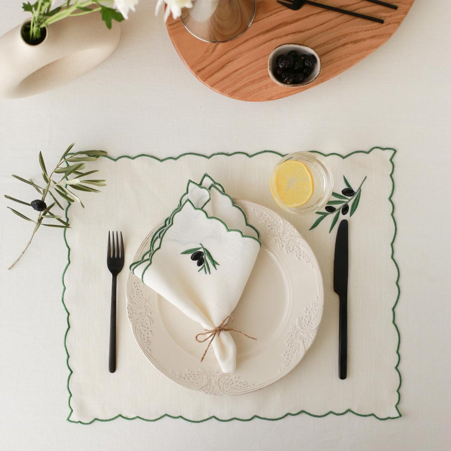 Olive Embroidery Linen Napkins (Set of 2)