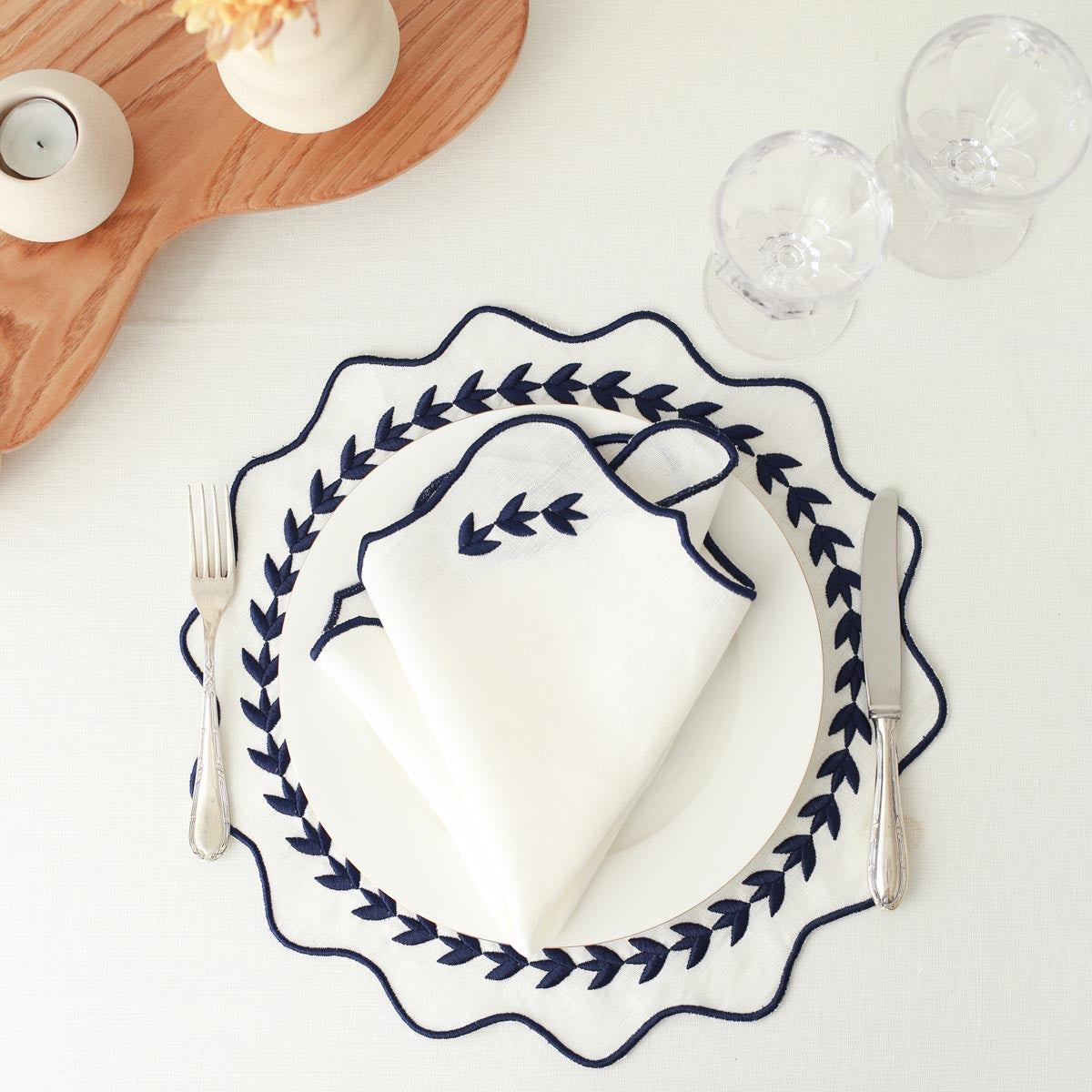 Navy Leaves Embroidery Linen Placemat (Set of 2)