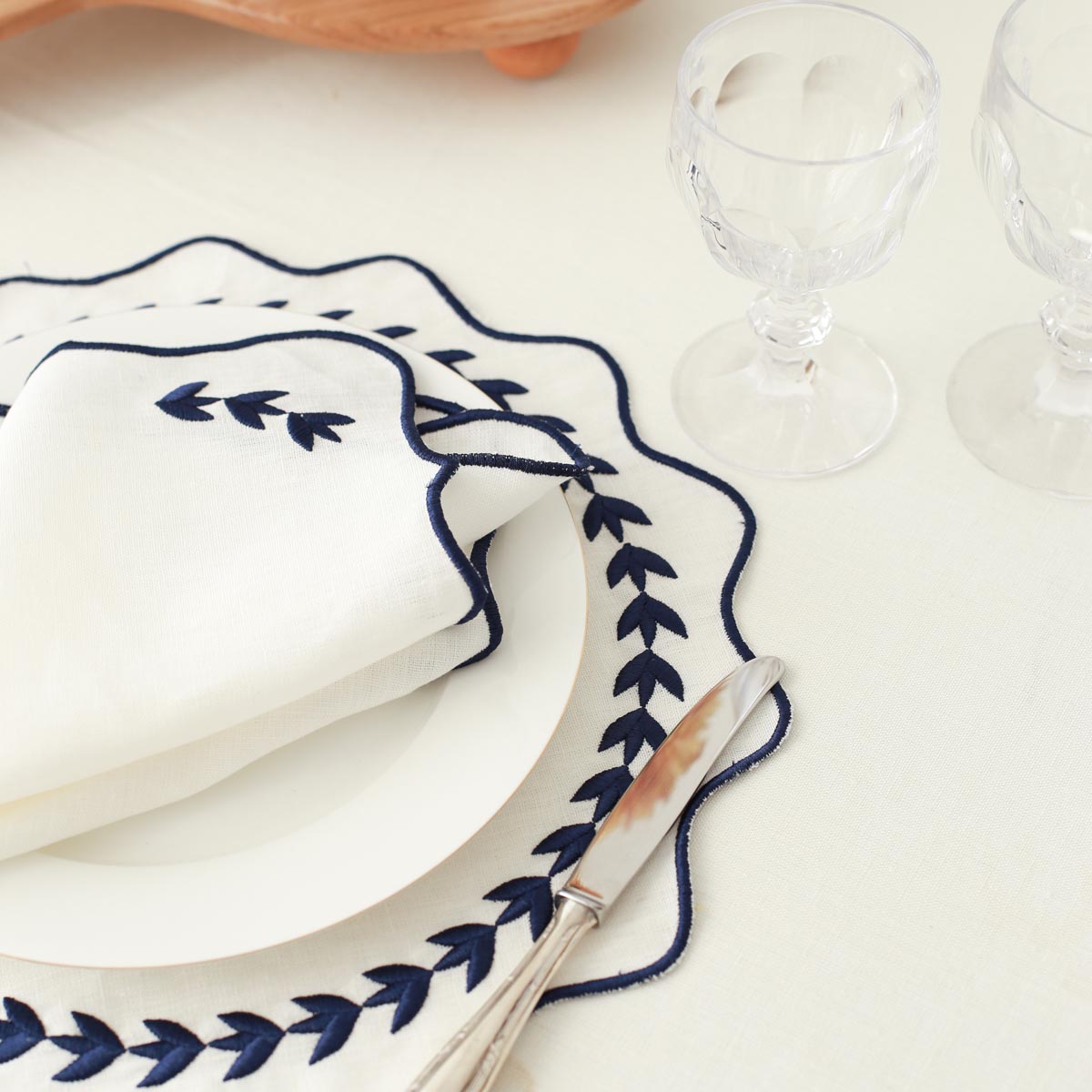 Navy Leaves Embroidery Linen Placemat (Set of 2)