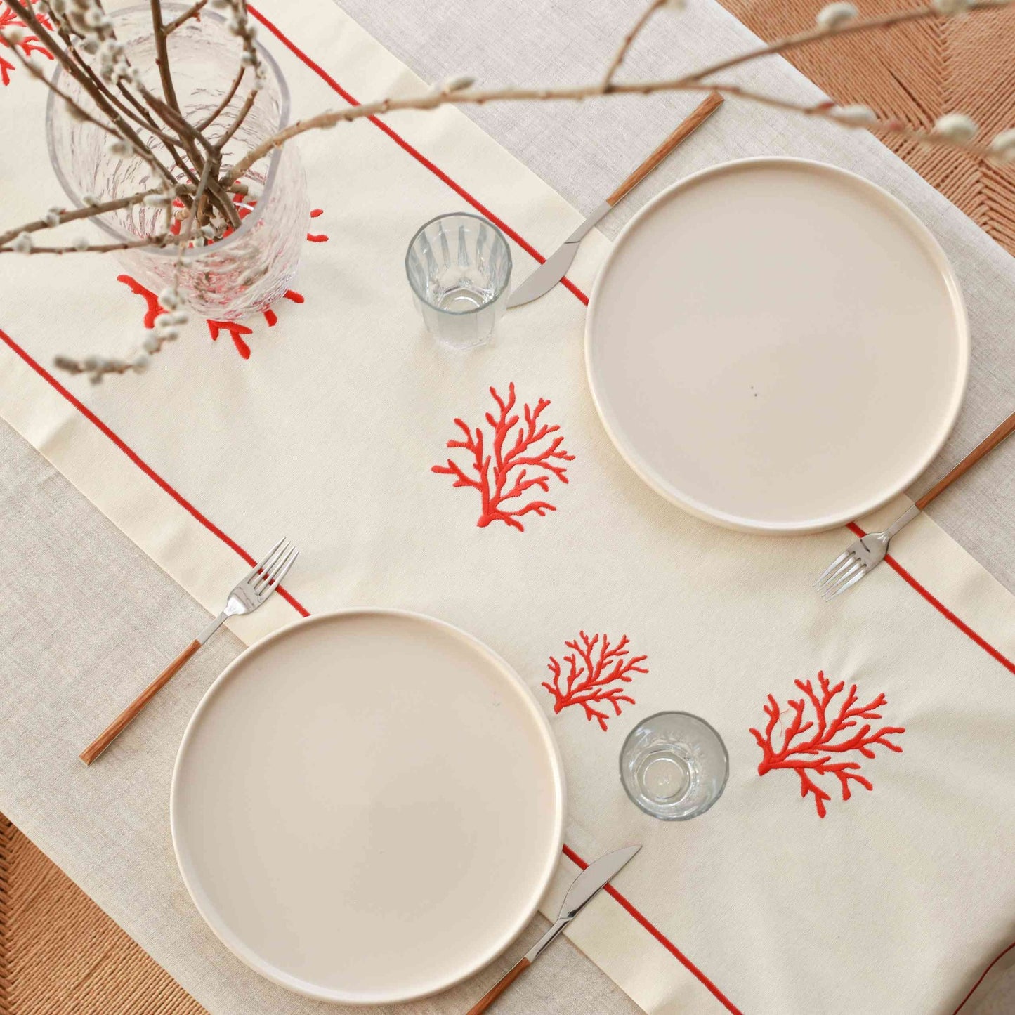 Corallium - Red Coral Embroidery Runner