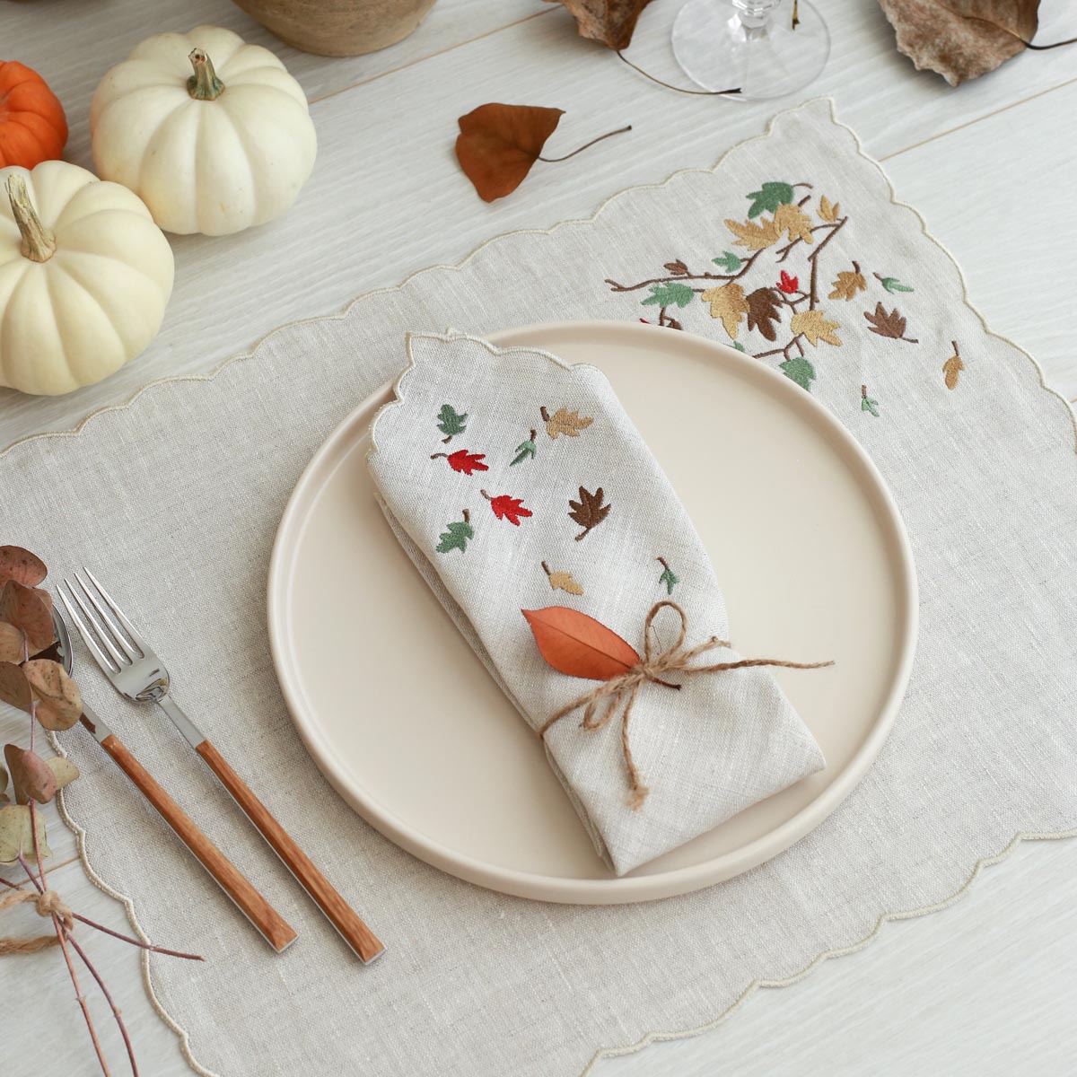 Spilled Leaves Embroidery Linen Placemat  (Set of 2)