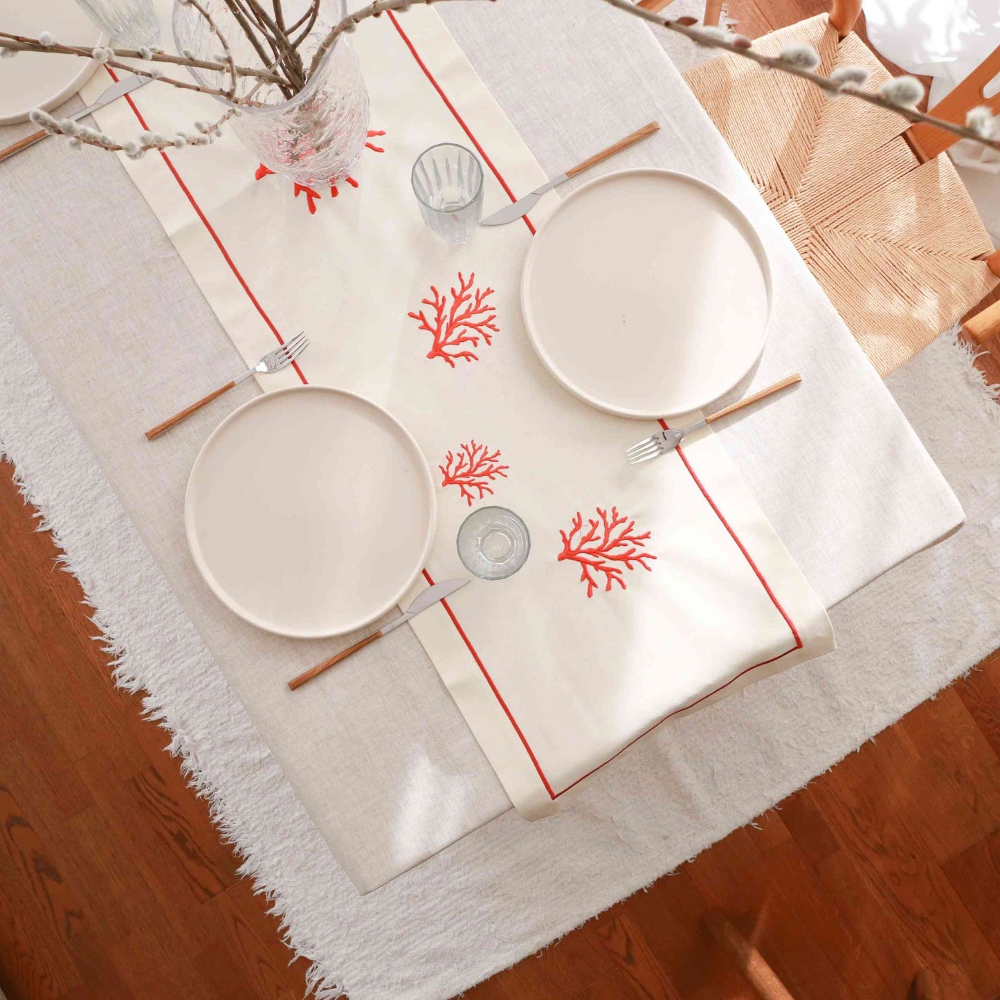 Corallium - Red Coral Embroidery Runner